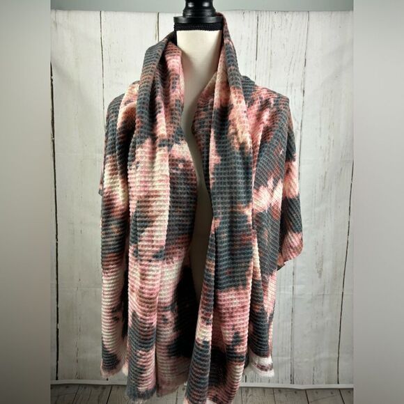 Pink Rust Gray Tie Dye Wrap Warmer Scarf Ribbed Raw Edge - Picture 6 of 8